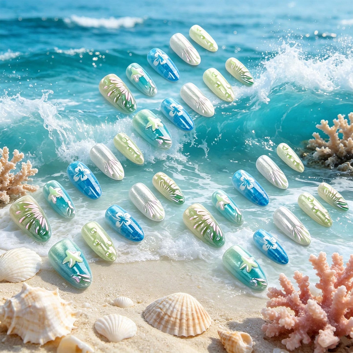 Ocean Press on Nails 3D Starfish False Nails with Seashell Design Medium Almond Fake Nail Glossy Sparkly Blue Gradient Glue on Nail White French Tips Stick on Fingernails for Women Summer Daily Wear