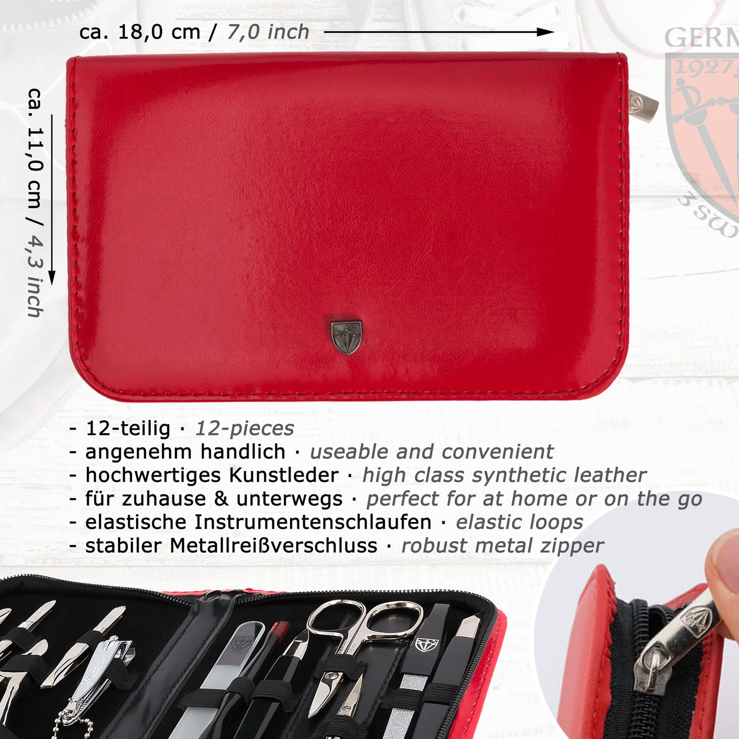 3 Swords Germany – brand quality 12 piece manicure pedicure grooming kit set for professional finger & toe nail care with red synthetic leather case - Made in Germany