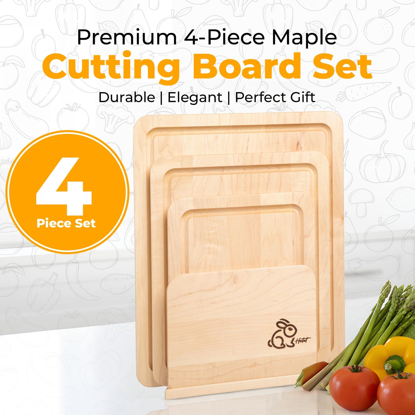 Hotot Home - HOMESTEAD 4 Piece Hardwood Maple Wood Cutting Board Set with Holder - Made in USA