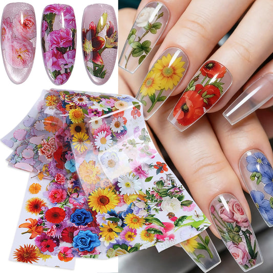10 Sheets Flower Nail Foils Transfer Nail Art, Rose Flowers Daisy Nail Design Stickers Spring Summer Nail Art Foil Transfer Stickers Cute Floral Nail Foil Transfer Sheets DIY Manicure Decorations
