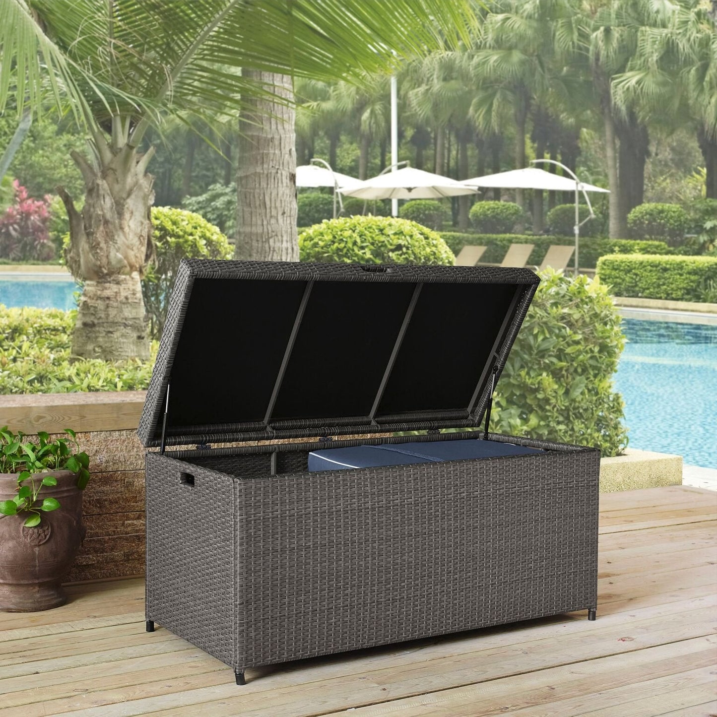 Crosley Furniture Palm Harbor Wicker Outdoor Storage Box for Patio Furniture Cushions and Pool Floats, Gray