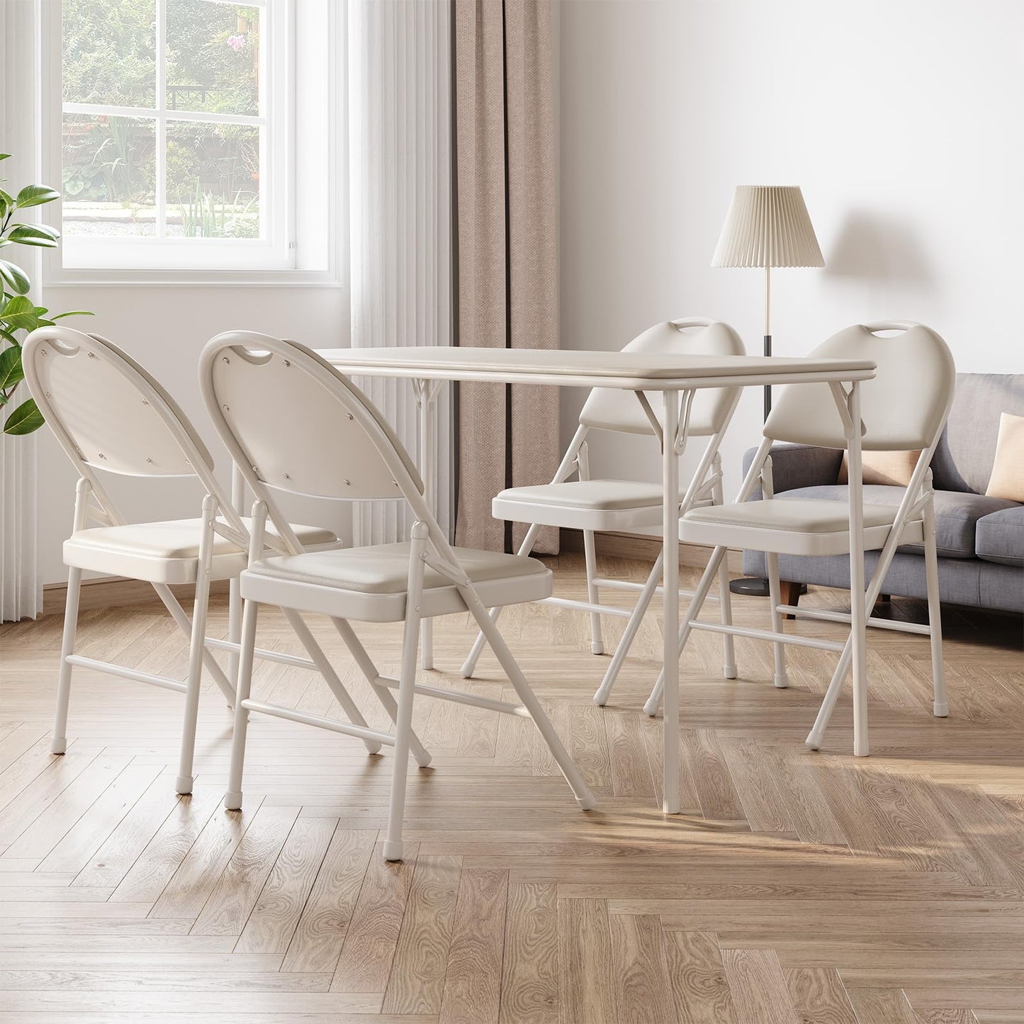 IDEALHOUSE Protable Folding Table and Chairs, 5 Piece Folding Card Table and Chairs Set, Foldable PU Upholstered Table and Chairs Set of 5, for Dining Room, Living Room, Office, Camping, Beige