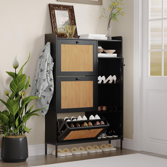 Shoe Storage Cabinet with 3 Flip-Down Doors, Rattan & Metal Frame Organizer, Adjustable Shelves, Narrow Freestanding Rack for Entryway Hallway, Tool-Free Assembly, Modern Farmhouse Decor, Black
