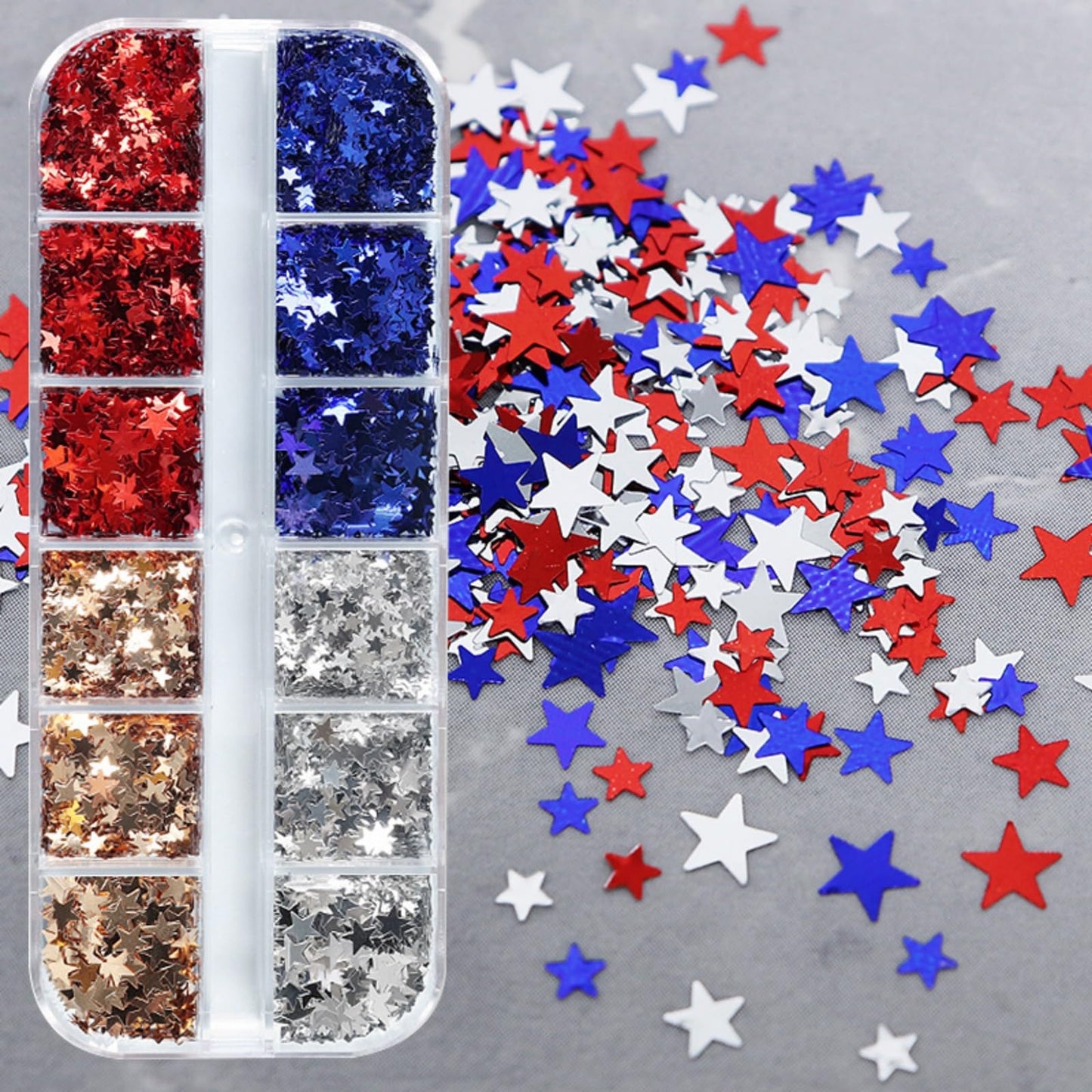Star Nail Glitters 4th of July Nail Art Sequins Holographic Red Blue Gold Silver Nail Flakes Sparkly Glitter Nails Sequins Independence Day Glitter for Women Manicure Art 1 Box 4 Color