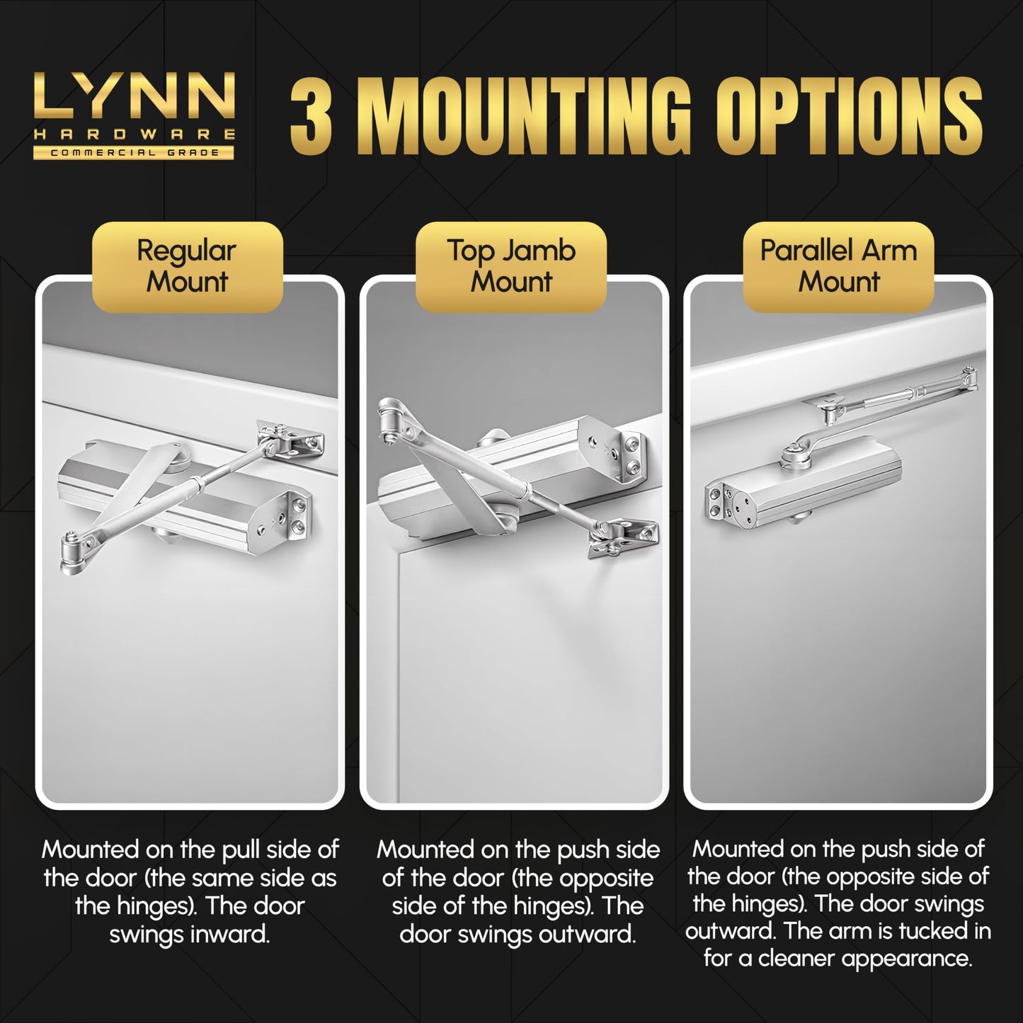 LYNN HARDWARE Medium/Heavy Duty Automatic Door Closer (Dark Bronze) - Commercial Grade, Contractors Choice, Adjustable Speed & Force, 3 Mounting Options, 3 Hour Fire Rated (DC7016 Model)
