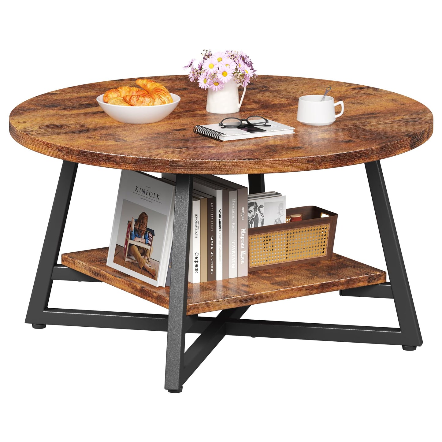 Round Coffee Table, Small Circle Coffee Table with Storage, Modern Wood Round Center Table for Living Room, Home Office, Small Space, Easy Assembly, Rustic Brown