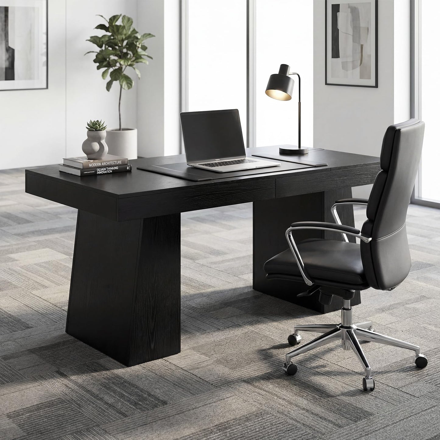 Garvee 55" Executive Desk, Mid-Century Modern Home Office Desks with Double Trapezoid Base, Wood Computer Desk Business Furniture Workstation Writing Table Conference Table, Black