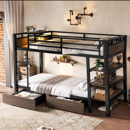 Bellemave Twin Size Bunk Bed with Storage Drawers and 3-Tier Shelves, Twin Bunk Bed with Charging Station and Lights, Heavy Duty Metal Bunk Beds for Teen, Adults