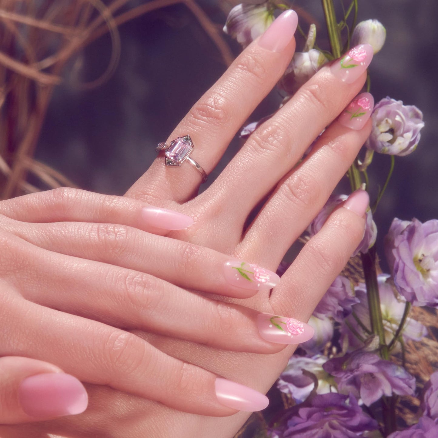 WICKED X KISS Press On Nails, ‘Bloom in Land’, Pink, Medium Oval, Waterproof, Chip Proof, Smudge Proof, 28 Fake Nails, Pink Gel Nail Glue (2g), Mini Nail File, & Manicure Stick