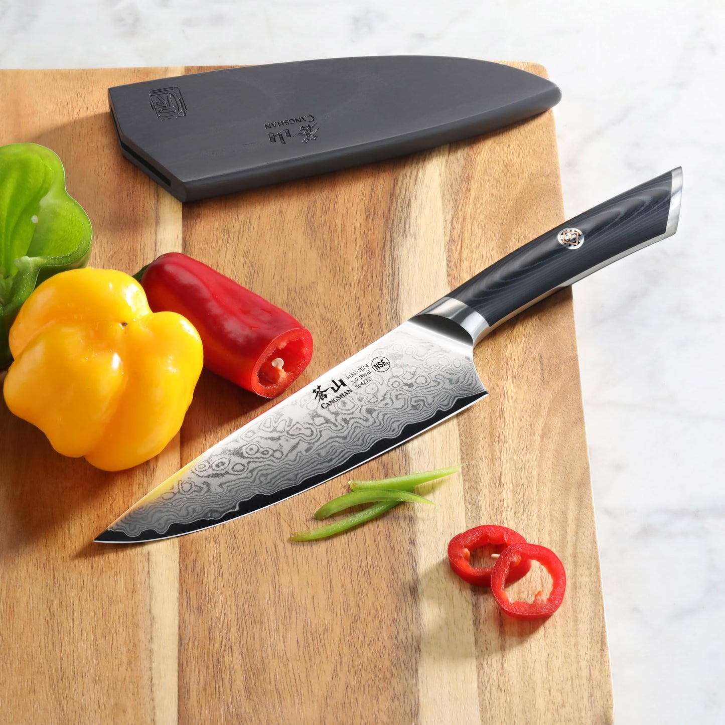 Cangshan KURO Series 6-Inch Chef's Knife with Sheath, High Carbon X-7 Damascus Steel, 504272