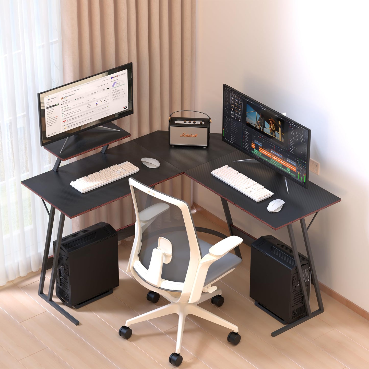 YINGCHAOJI L-Shaped Gaming Desk with Monitor Stand,Carbon Fiber Corner Computer Desk,Z-Shaped Legs Waterproof Office Workstation for Home,Easy to Assemble