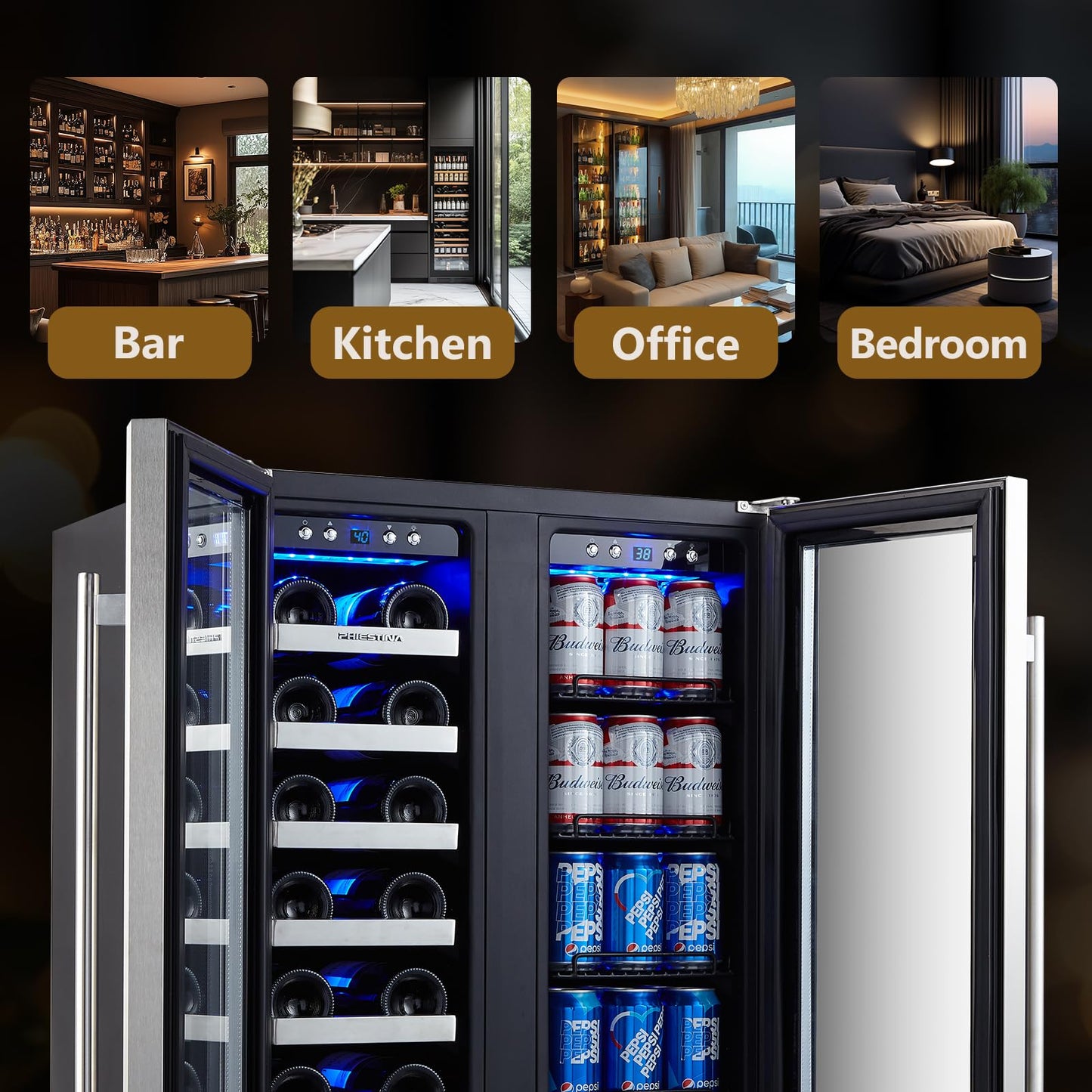 Phiestina Wine and Beverage Refrigerator, 24’’ Wine Cooler- 20 Bottles&78 Cans, Built-in/Freestanding Dual Zone Wine Fridge with Glass Door, Removable Shelves for Home/Bar/Office