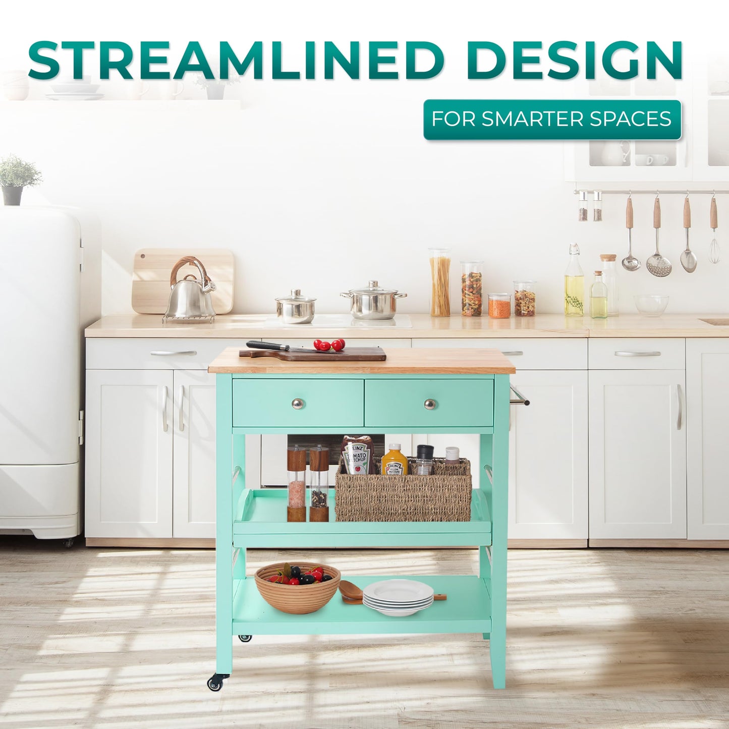 ARROWSTONE Rolling Kitchen Island Cart, Teal Kitchen Cart with Rubberwood Top, Ample Storage Drawers, Adjustable Shelves, Utility Cart with Wheels for Small Kitchens, 35” Height