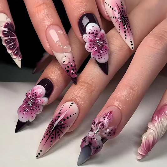 Long Press on Nails Almond Fake Nails Purple French Artificial Nail with 3D Flowers Designs Glitter Summer and Fall Cute Stick on Nail for Women 24pcs