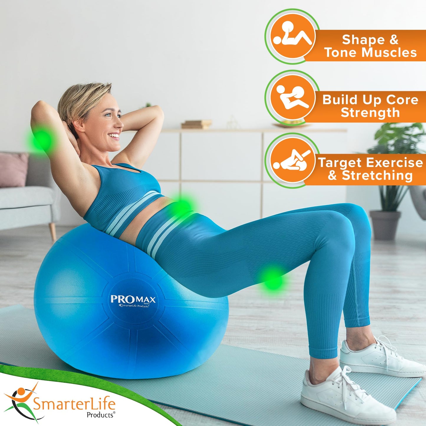 SmarterLife PRO MAX Exercise Ball – Yoga, Stability & Balance Trainer for Core Workouts, Fitness, Physical Therapy, Pregnancy & Office Chair Support – Anti-Slip, Anti-Burst (65 cm, Blue)