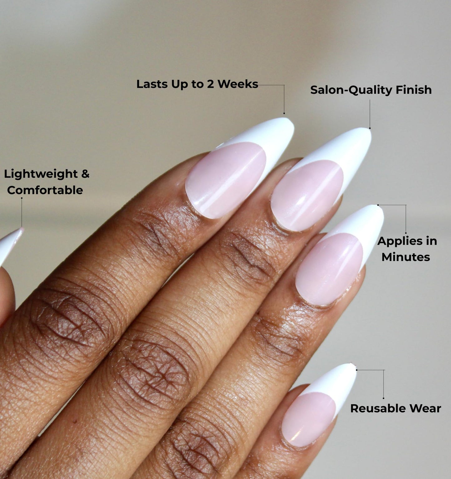 French Tip Press-On Nails – Nude Pink with White Tips | Long Almond Shape, Glossy 24-Piece Reusable Nail Set for Salon-Perfect Look