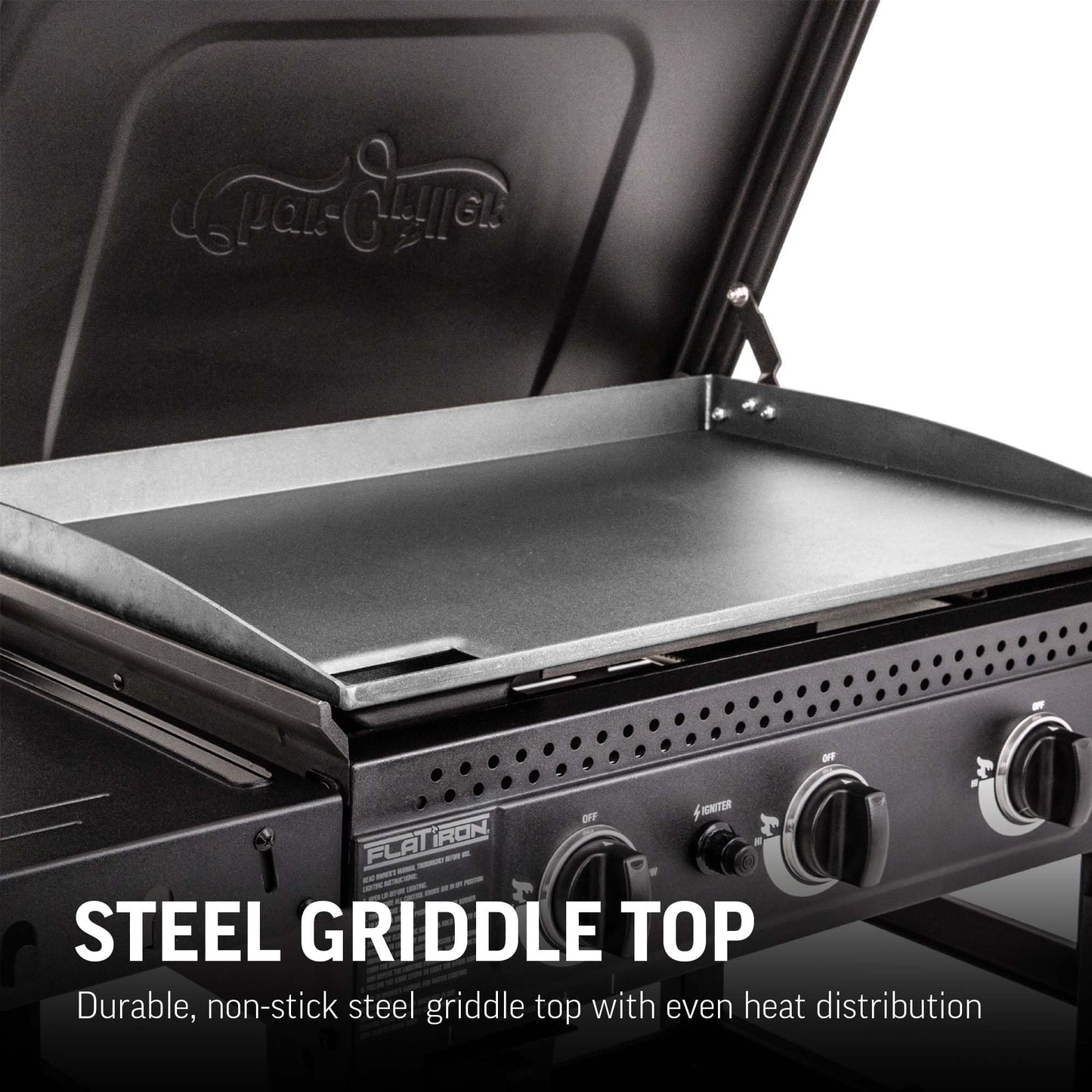 Char-Griller® Flat Iron 3-Burner Propane Gas Flat-Top Griddle with Steel Griddle Top, Hinged Lid and Wind Guards, 520 Cooking Square Inches in Black, Model 8428