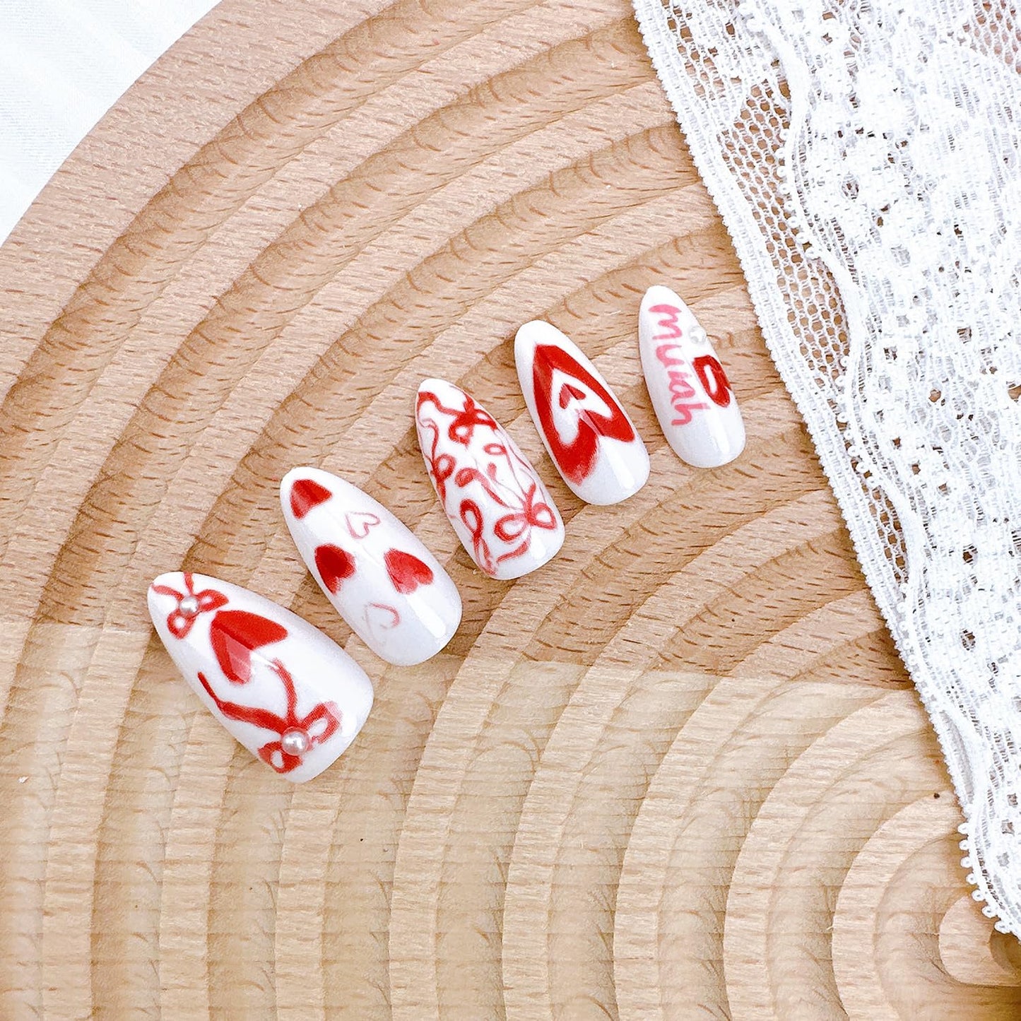24Pcs Valentines Press on Nails Medium Almond Fake Nails with Pearl Love Heart False Nails Romantic Bow Acrylic Nail Kit Valentine Red Lips Full Cover Stick on Nails for Women Nail Design Supplies