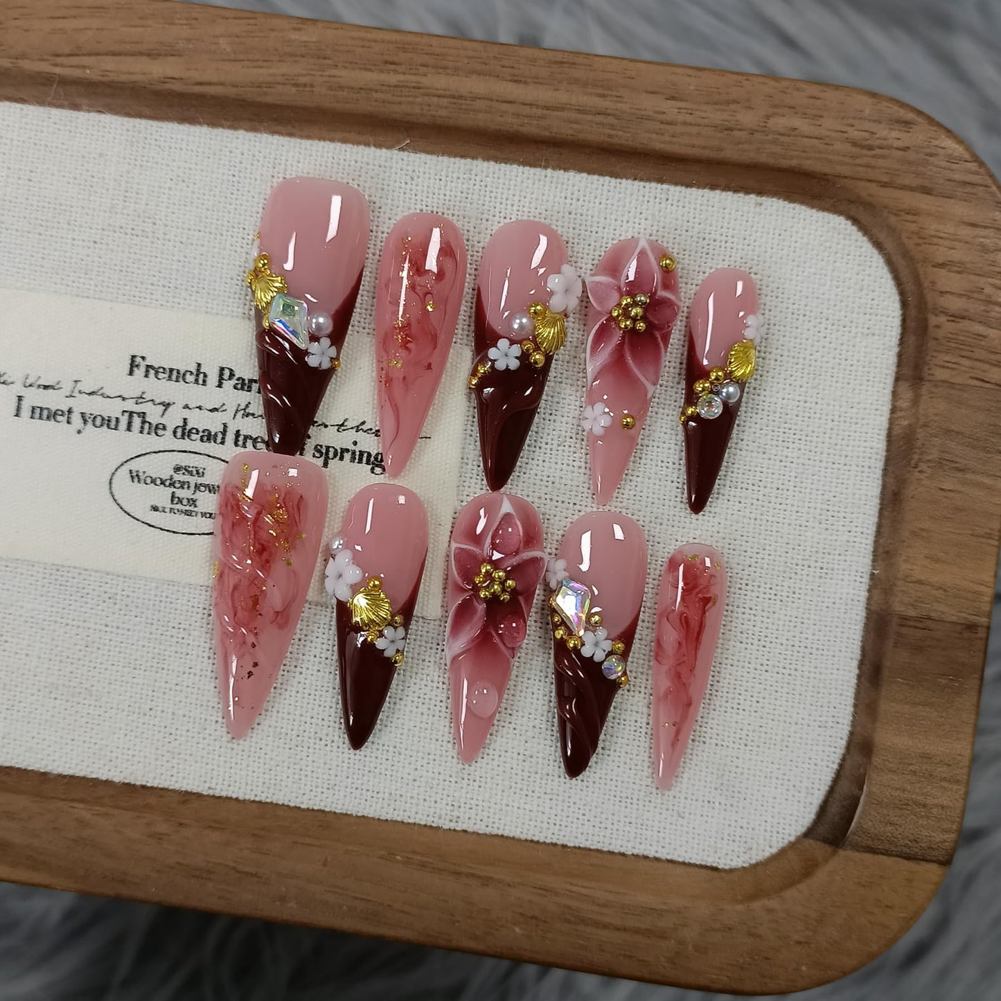 TENPAL Handmade Press on Nails Long Stiletto - Burgundy French Tips 3D Floral Embossed Glossy False Nails for Women Girls Fall Winter- Glossy Acrylic Y2K Nails for Parties Date Daily Wear(S)