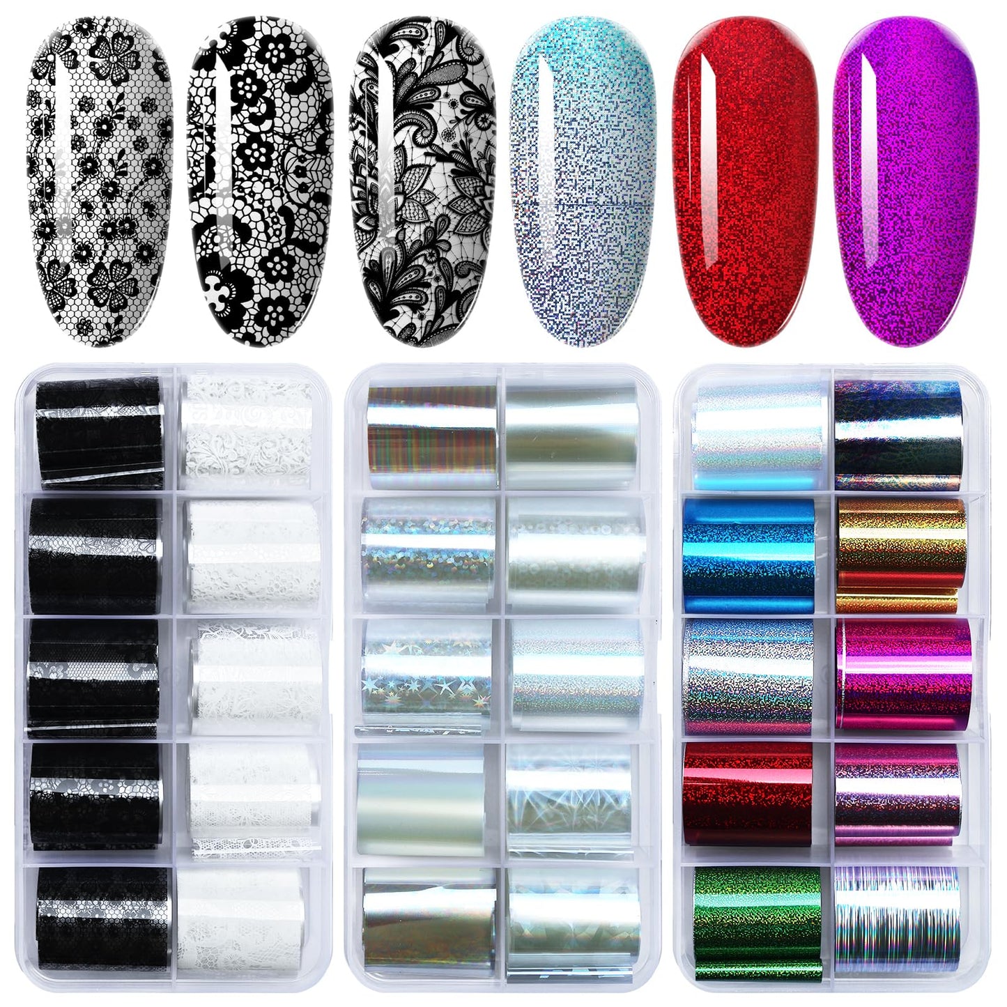 AddFavor Transfer Nail Foil Flower White Black Lace Nail Art Sticker Decals Holographic Transfer Foils for Women Girls, 30 Roll