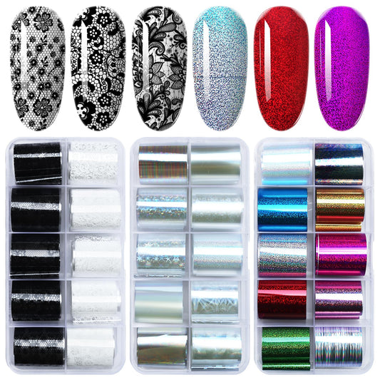 AddFavor Transfer Nail Foil Flower White Black Lace Nail Art Sticker Decals Holographic Transfer Foils for Women Girls, 30 Roll
