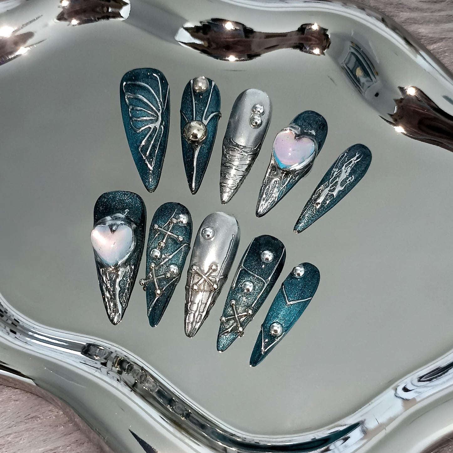 TENPAL Handmade Press on Nails Long Stiletto,Galaxy Ombre Blue-Black Fake Nails with 3D Butterflies Cross Beads Gem Stones,Edgy Y2K Metal Embossed Meteor Glitter Design Salon False Nail Kit 10pcs(XS)