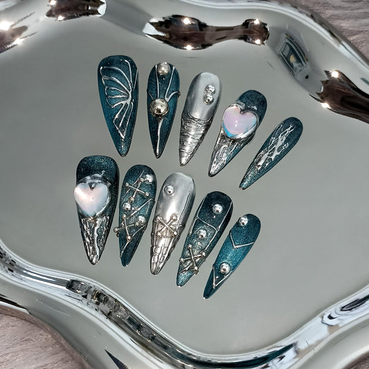 TENPAL Handmade Press on Nails Long Stiletto,Galaxy Ombre Blue-Black Fake Nails with 3D Butterflies Cross Beads Gem Stones,Edgy Y2K Metal Embossed Meteor Glitter Design Salon False Nail Kit 10pcs(XS)