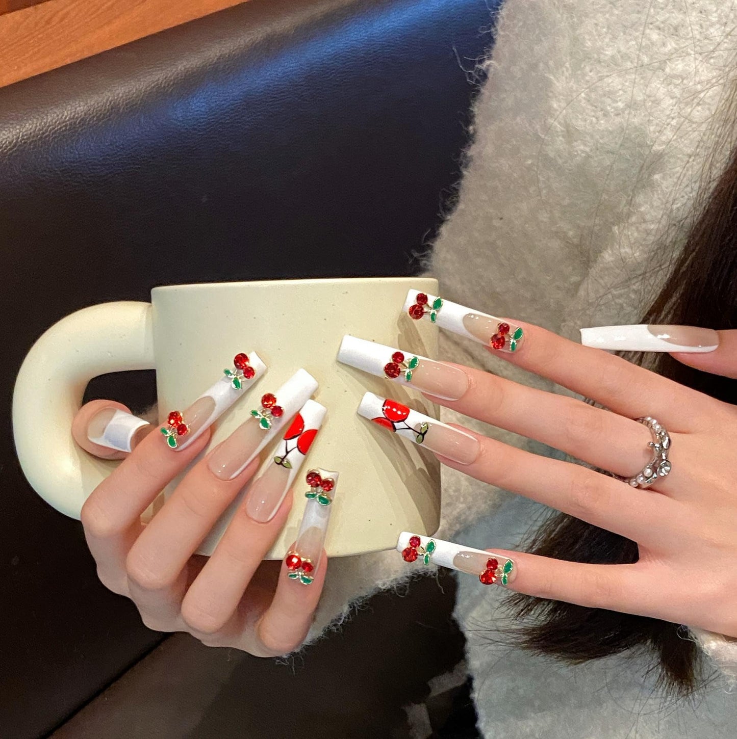 MNAFAYY 100% Handmade Nails Cherry Extra Long 3D Gems French Press On Nails White Full Cover Luxury Gorgeous Reusable UV Finished Fake False Nails Acrylic Nail Kit With Box Gifts Women Mother's Day S