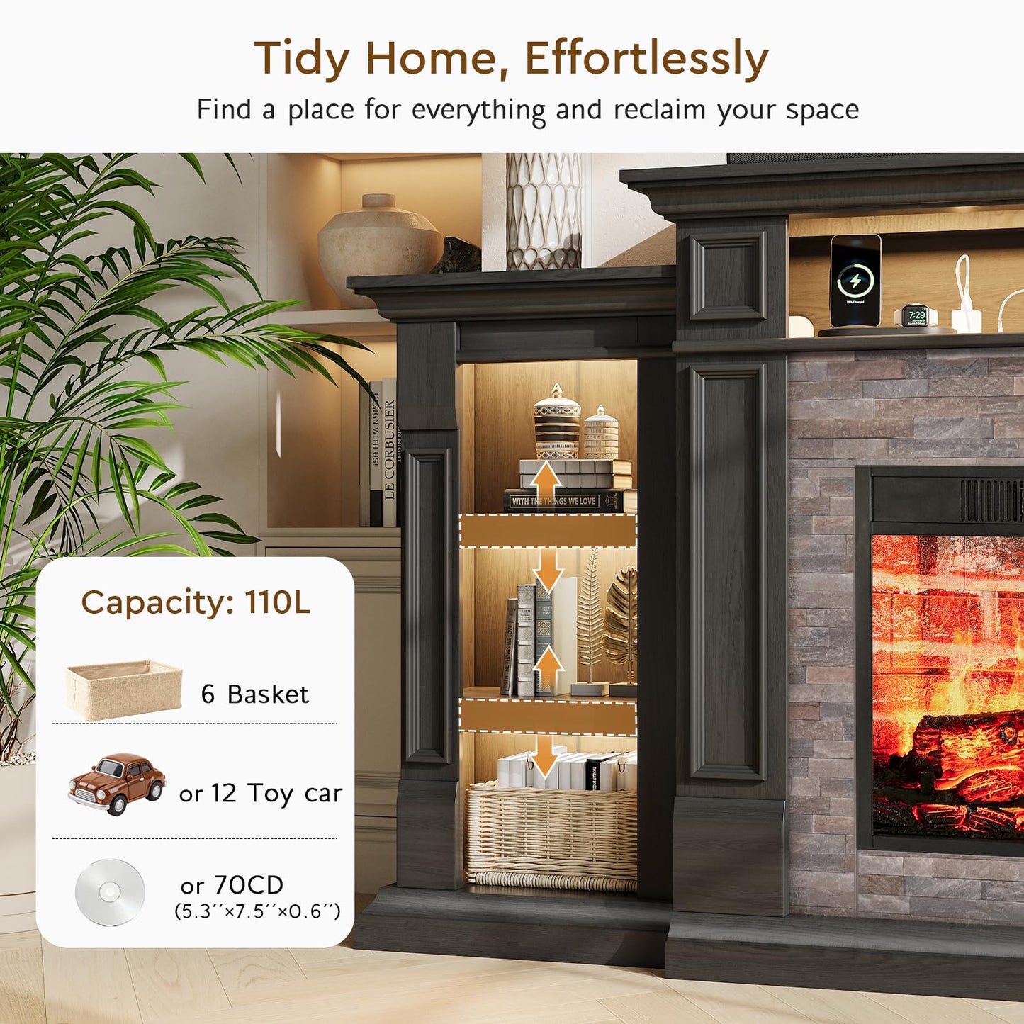 72'' Fireplace TV Stand with Outlet & LED, Electric Fireplace with Mantel, Entertainment Center with Storage, 23'' Fireplace Heater Insert with 3D Flame Effect for Living Room, Black