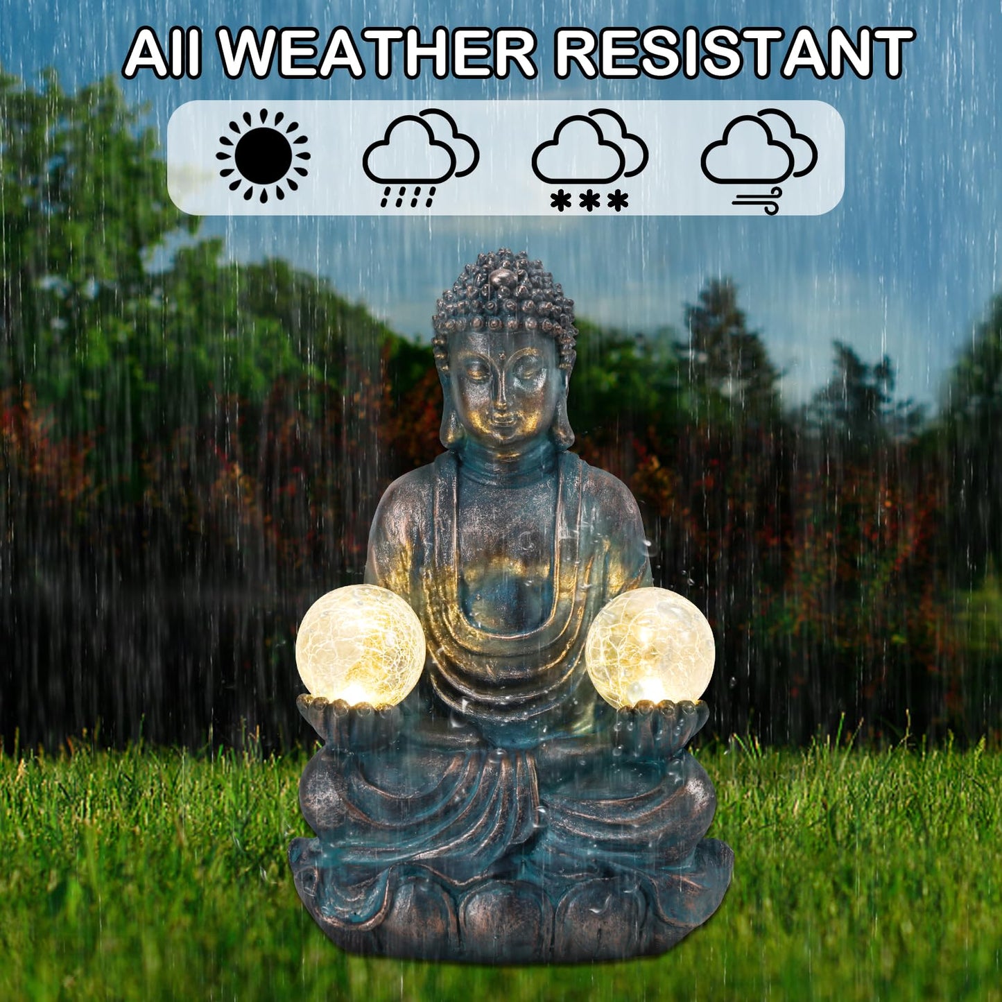 Afirst 10.5'' Meditating Buddha Garden Statues Solar Buddha Sculpture Decor with Glass Balls Zen Meditation for Home Garden Yard Patio Indoor Outdoor Ornaments Gifts for Mom