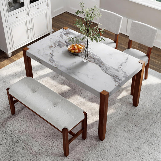 GDFStudio 4 Piece Faux Marble Dining Set with Bench, 46.6" Kitchen Table with 2 Upholstered Chairs, Rubber Wood Legs, Modern Space Saving Furniture for Dining Room, Beige