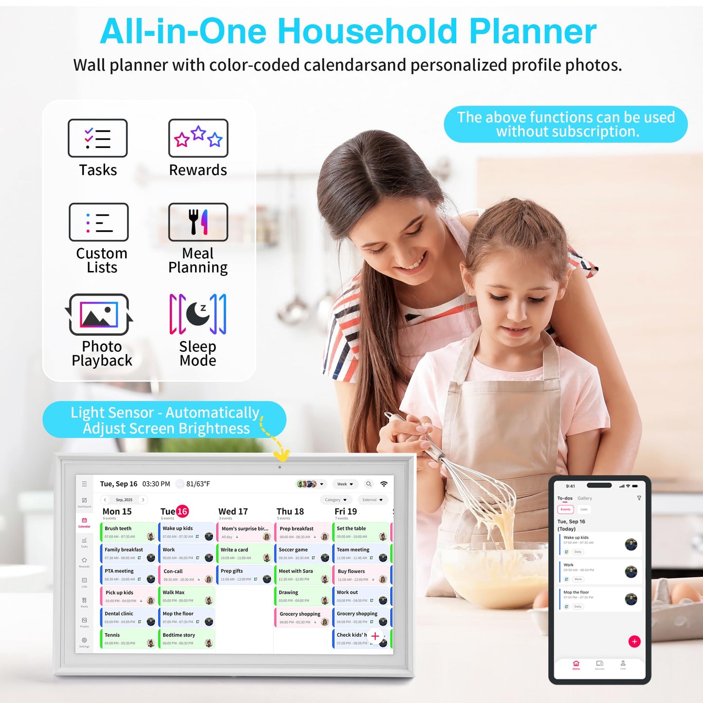 15.6" Smart Digital Calendar,Family Command Center Large Wall Planner with Chore Chart & Meal Planning, Real-time Sync with Google/Outlook, HD Digital Photo Frame, Gift for Parents & Busy Families
