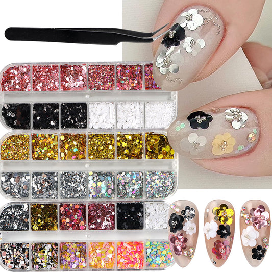 Nail Glitter Set with Tweezers Colorful Round Dot Circular Design Sequins Flakes Mix Different Size Paillettes Nail Art Decoration Manicure Supplies