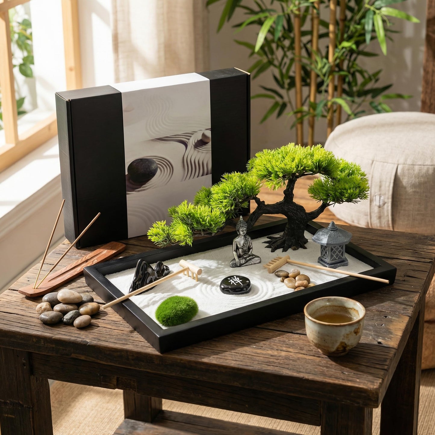 Zen Garden for Desk,Mini Oriental Antique Stone Sculpture Sand Tray, Desktop Zen Garden Kit for Adults, Meditation & Zen Decor, Unique Stress Relief Gift.