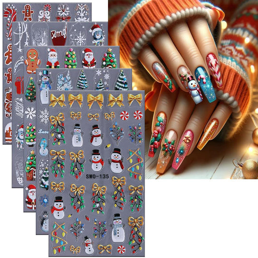 5 Sheets Christmas Nail Art Stickers 3D Self -Adhesive Santa Claus Snowflake Nail Decals Holographic Cute Snowman Nail Stickers Winter Christmas Trees Nail Staickers Decoration for Women DIY Manicure