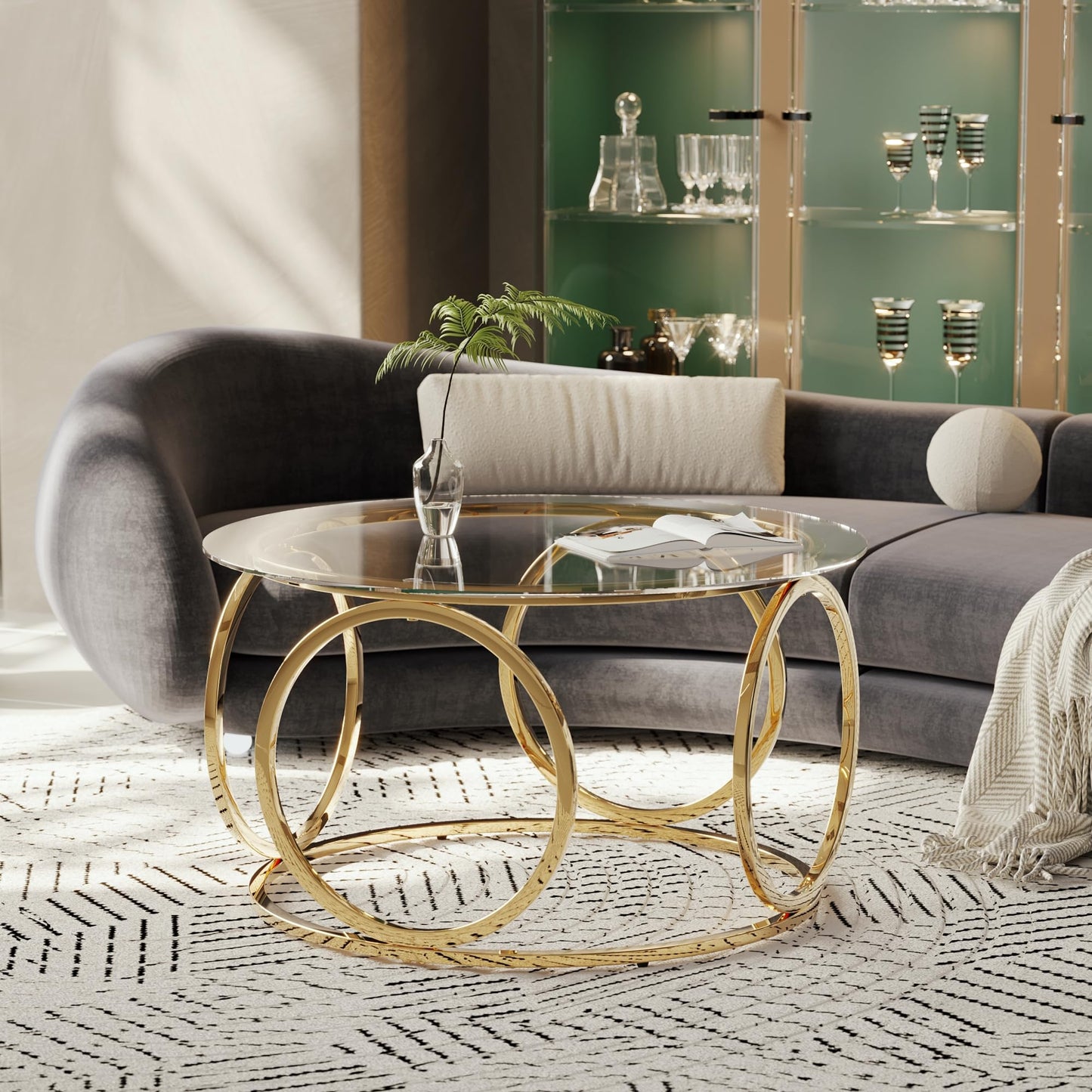 GDFStudio 31.5" Luxury Round Coffee Table with Circular Metal Frame, Tempered Glass Top Modern Coffee Table, Small Round Center Table for Living Room Small Space Office Lounge, Easy Assembly, Gold
