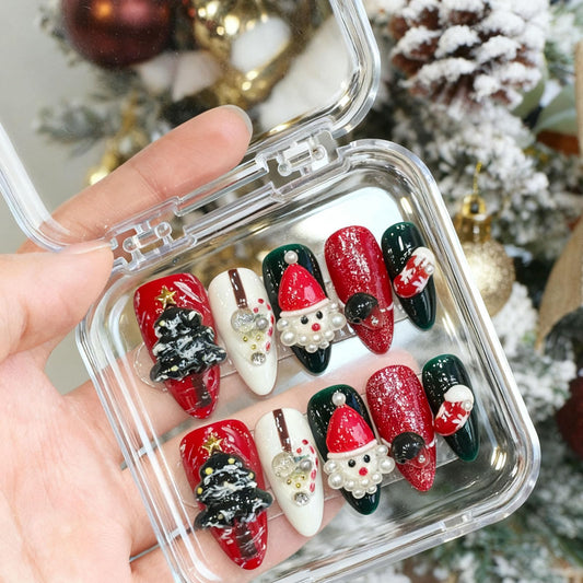 10 Pcs Christmas Handmade Acrylic Press on Nails Almond Medium Fake Nails with Design 3D Christmas Tree and Santa Claus Glue on Nails Artificial Handmade Christmas Nails for Women - Size M