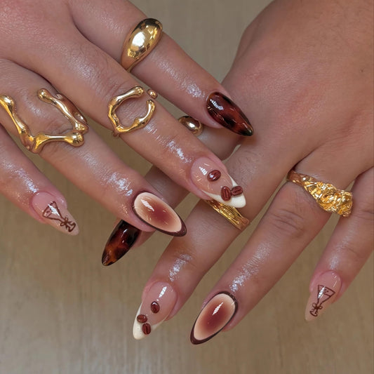 BABALAL Brown Tortoise shell Press on Nails, Fall Trendy Handmade Acrylic Nails with 3D Coffee Beans Design, 24Pcs Full Cover Glue on Nails for Women and Girls
