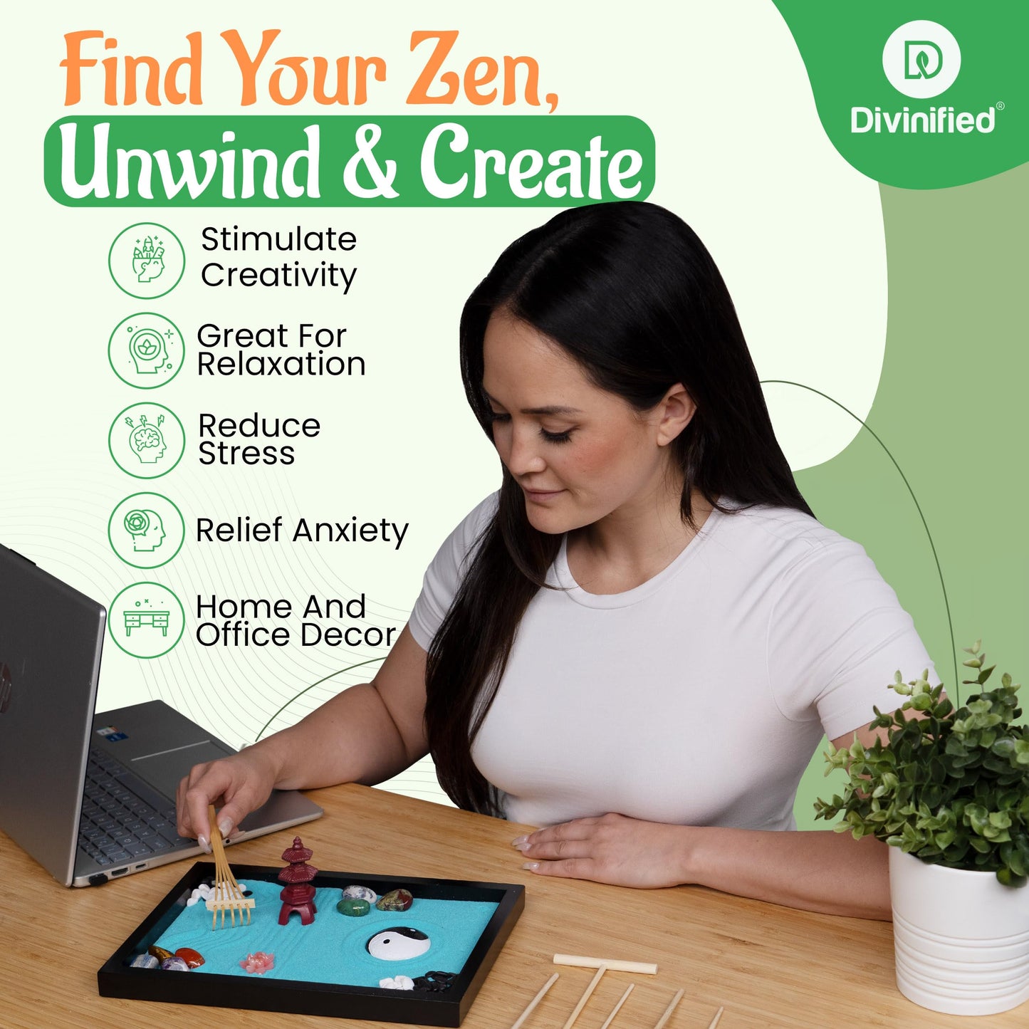 D DIVINIFIED Zen Garden for Desk, Sand Tray Therapy Kit, Therapy Office Decor, 11x8-11 Japanese Desktop Zen Garden Accessories and Meditation Accessories for Home and Office Relaxation