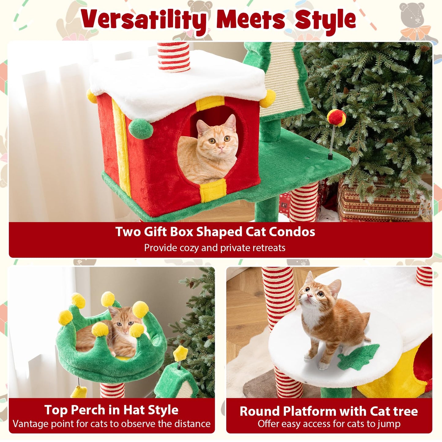 PETSITE 61 inch Christmas-Themed Cat Tree, Multi-Level Cat Tower with Sisal Scratching Posts, 2 Gift Box-Shaped Cat Condos, Hanging Teasing Ball, and Spring Toys, Cute Cat Tree Tower for Indoor Cats