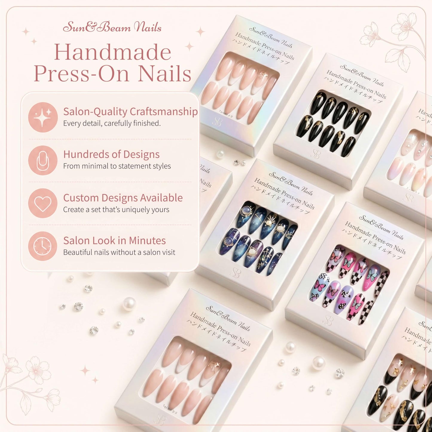 Sun&Beam Nails Handmade Press On Nails Long Stiletto Silver Glitter Butterfly Pearl Shimmer 10 Pieces for Everyday Wear and Special Occasions (#020 M)