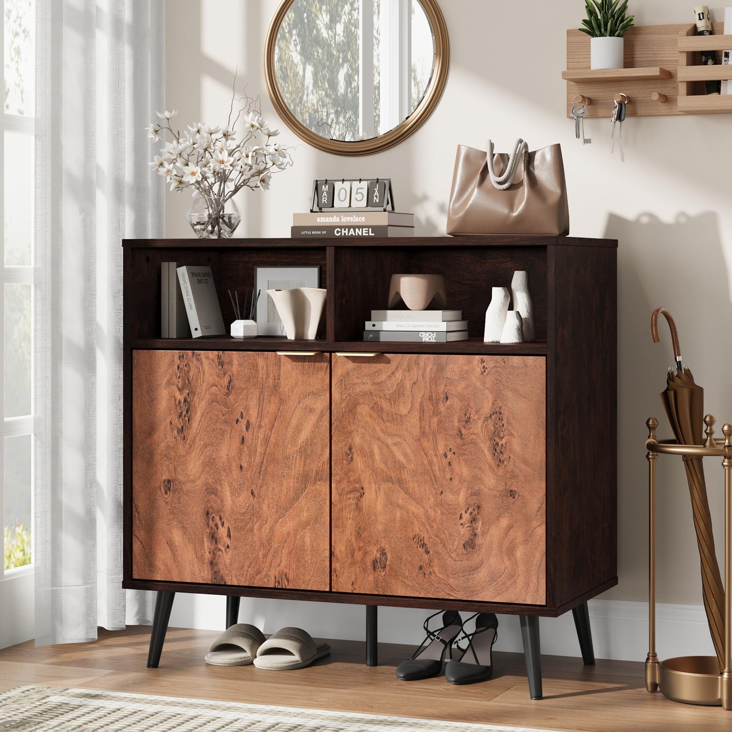GarveeHome Buffet Cabinet with Drawers and Storage, 31.5 in Large Sideboard Buffet Credenza Storage Cabinet with Shelves and Doors, Walnut Buffet Cabinet for Dining Room, Entryway, Living Room