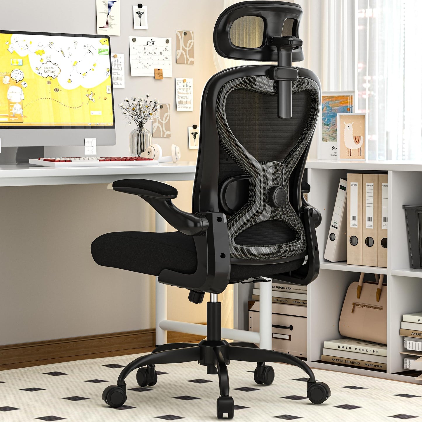 CASASIO Office Chair for Back & Neck Pain Relief, Virgin Foam Seat, 2D Adjustable Lumbar & 3D Headrest, Flip-Up Armrests, Tilt & Rock for Relaxation, Black/Carbon Fiber
