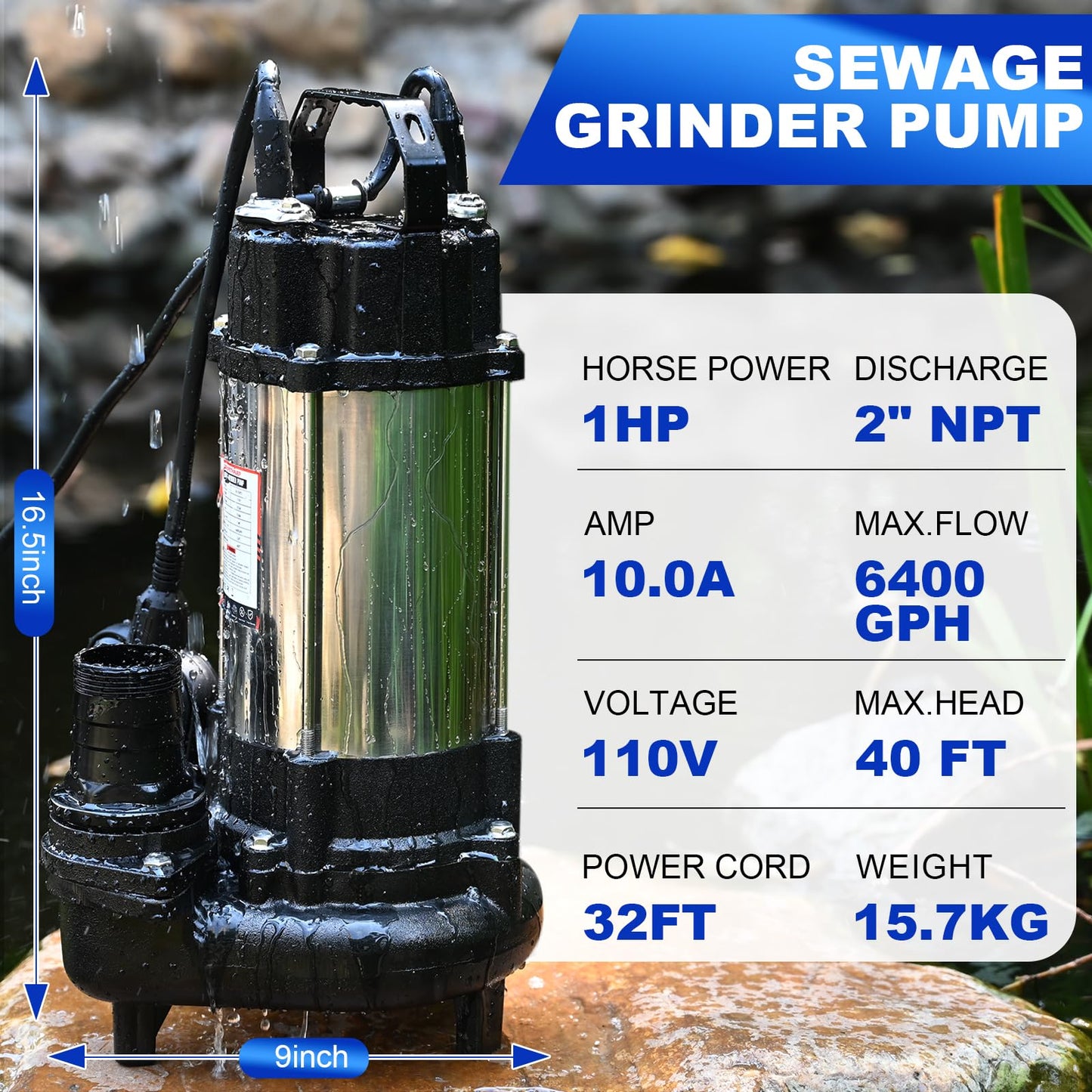 1HP Sewage Sump Pump, 110v 6400GPH Sewage Grinder Pump, Stainless Steel, Automatic Float Switch, Cast Iron Impeller, 2'' Npt Discharge, Submersible Sewage Pump for Basement, Sump Basin, Residential