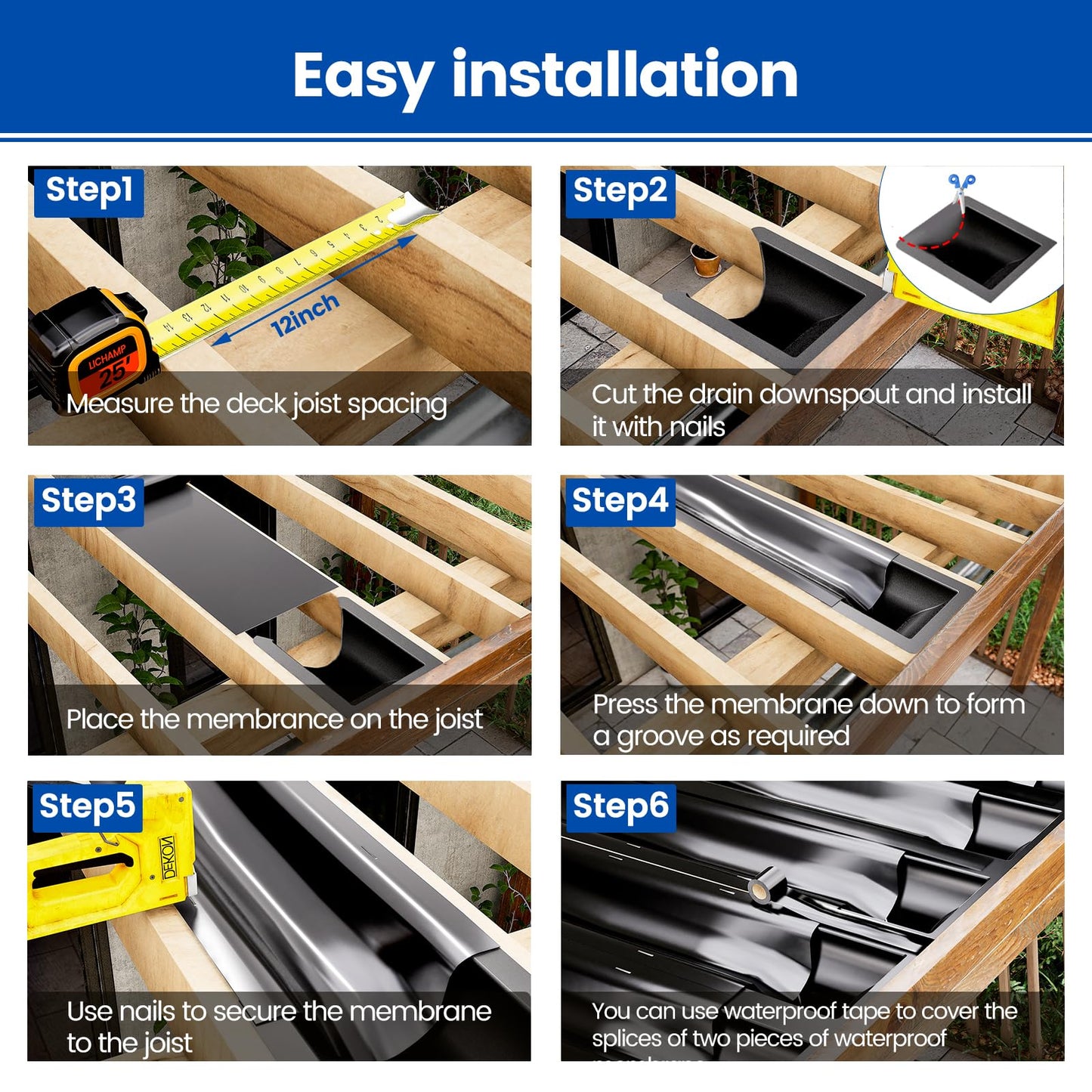 Muzata 9PCS Black Under Deck Drainage System Downspout PE Easy Installation Rain Drain for 12"/16" Joist Spacing M078