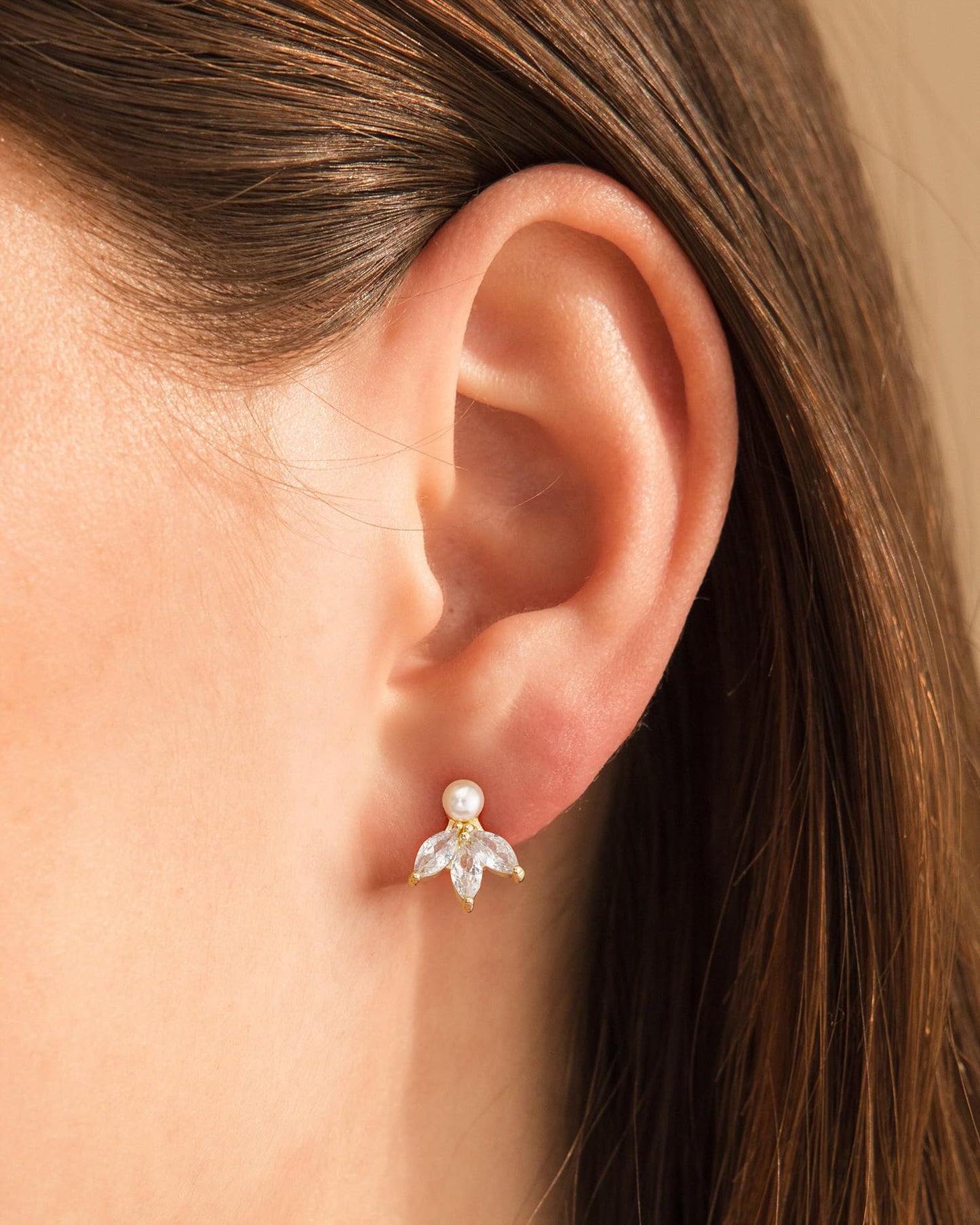 BSGRL Pearl Earrings - 14k Gold Plated 3pcs Marquise Cut Cubic Zirconia Pearl Stud Earrings for Women Wedding Party Bridal