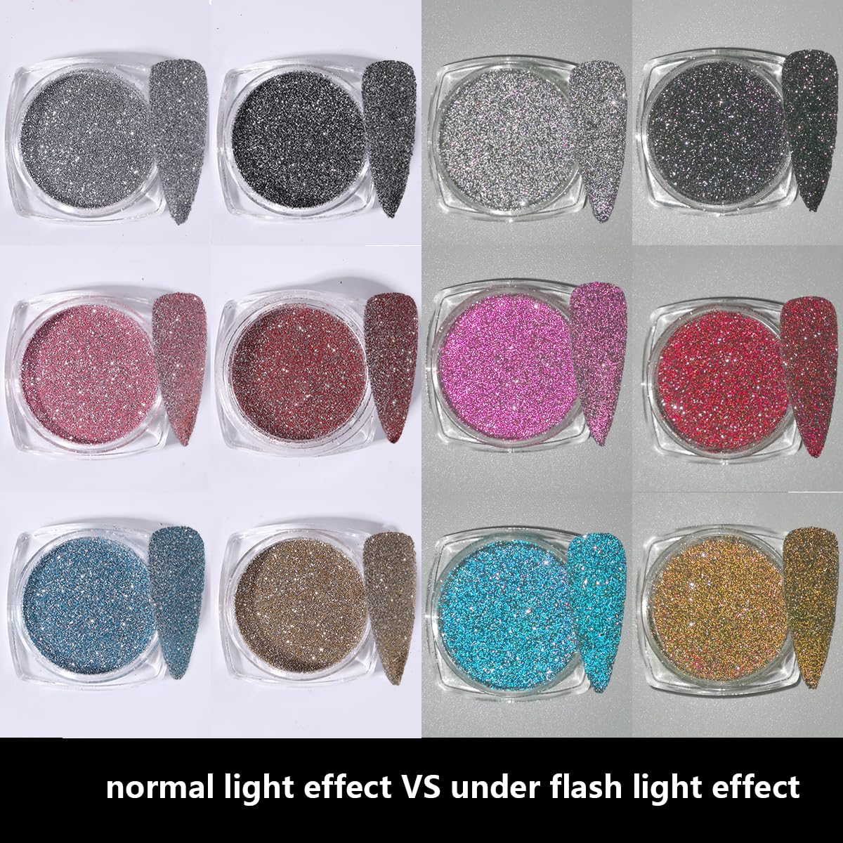 FSpronail Reflective Glitter Powder Set, 6 Colors Sparkle Diamond Glitter Dust Pink Blue Red Sugar Dip Powder Shimmer Loose Glitters Nails Pigment Kit Nail Art Design Manicure Decoration Salon Supplie