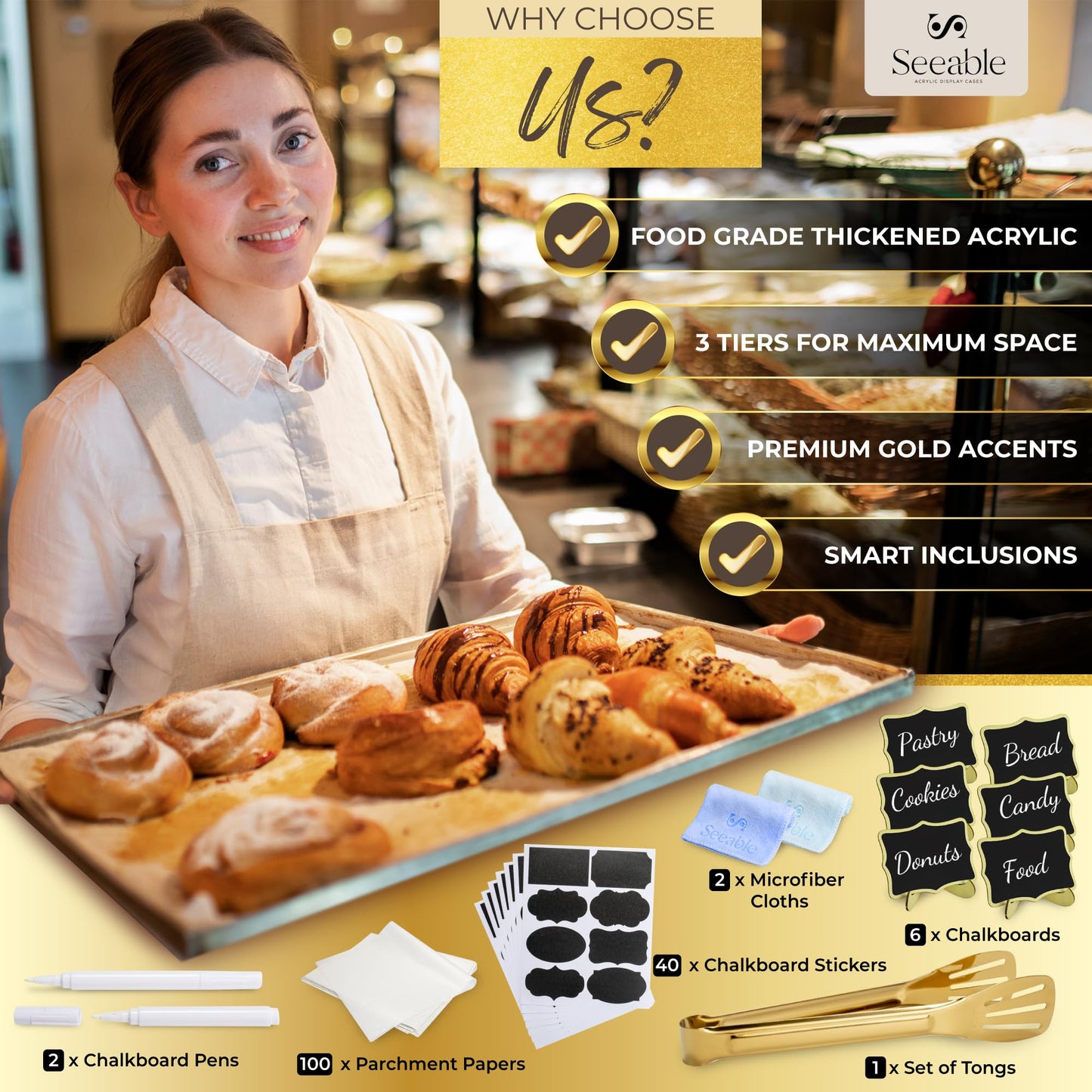 3 Tray Acrylic Bakery Display Case Countertop with Magnetic Rear Doors Access, Removable Trays & Gold Accents, Acrylic Pastry Display Case for Desserts, Cookies, Bread & Baked Goods (21"x16"x17")