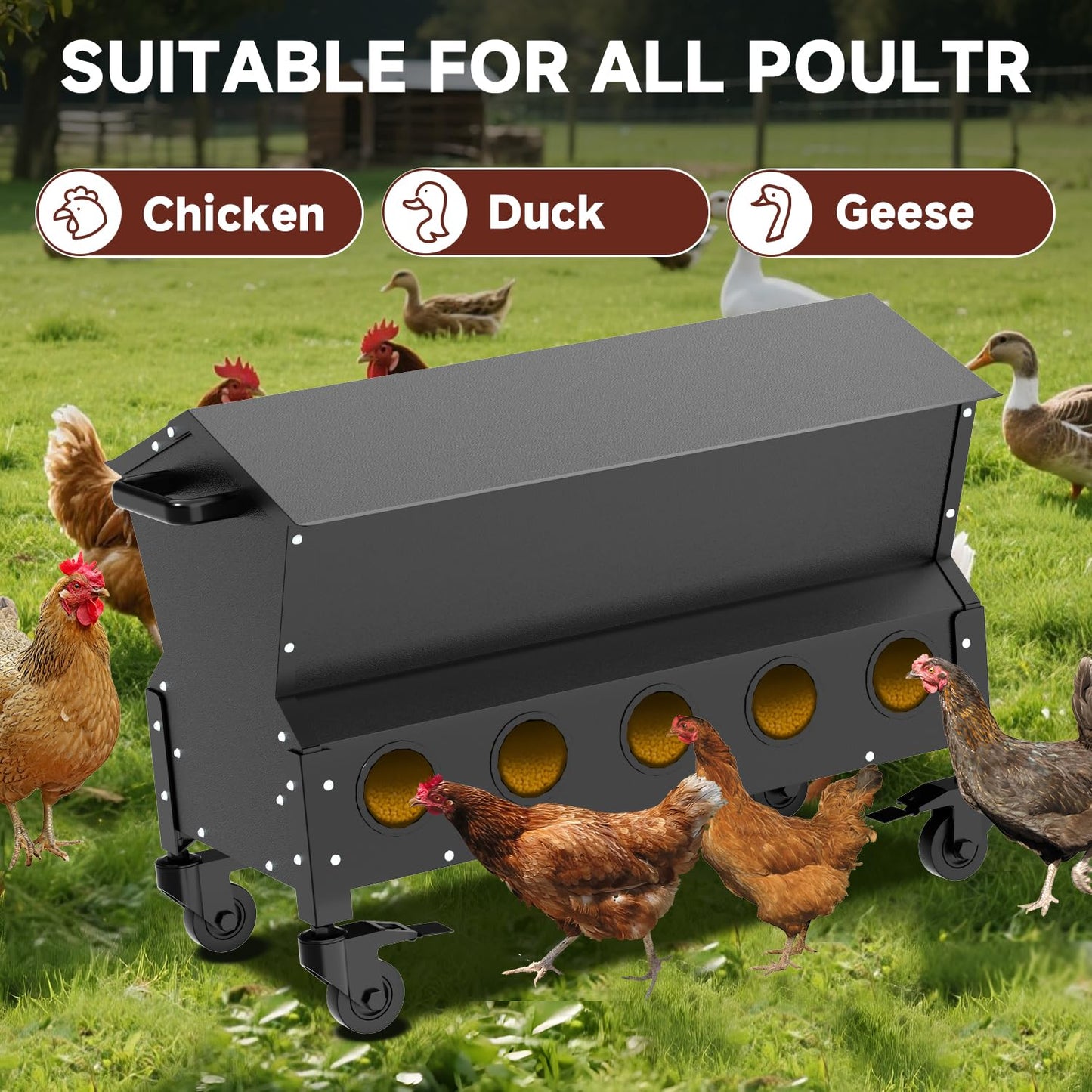 POOAMY Portable Metal Chicken Feeder with Waterproof Lid, Freestanding Chicken Feeding Box with 150 lbs Large Capacity for Chickens, No Waste Gravity Poultry Feeder, 4 Lockable Wheels for Moving.