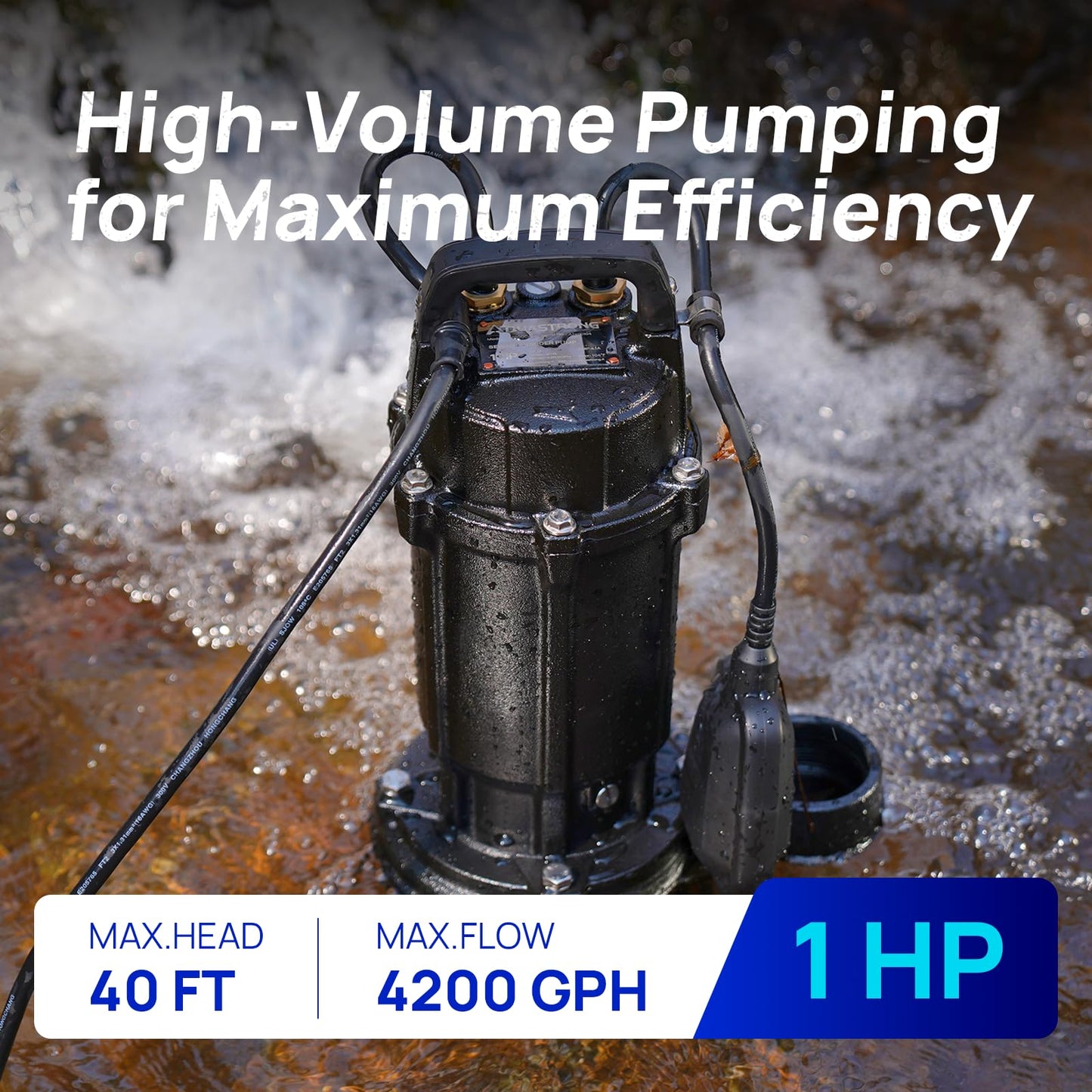 Aquastrong Sewage Grinder Pump, Cast Iron Effluent Pump, Auto Float Switch for Basement Sump Basin and Sewage Well
